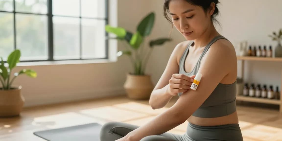 The individual applies the best CBD roll on Canada in a bright wellness studio, emphasizing a healthy lifestyle.