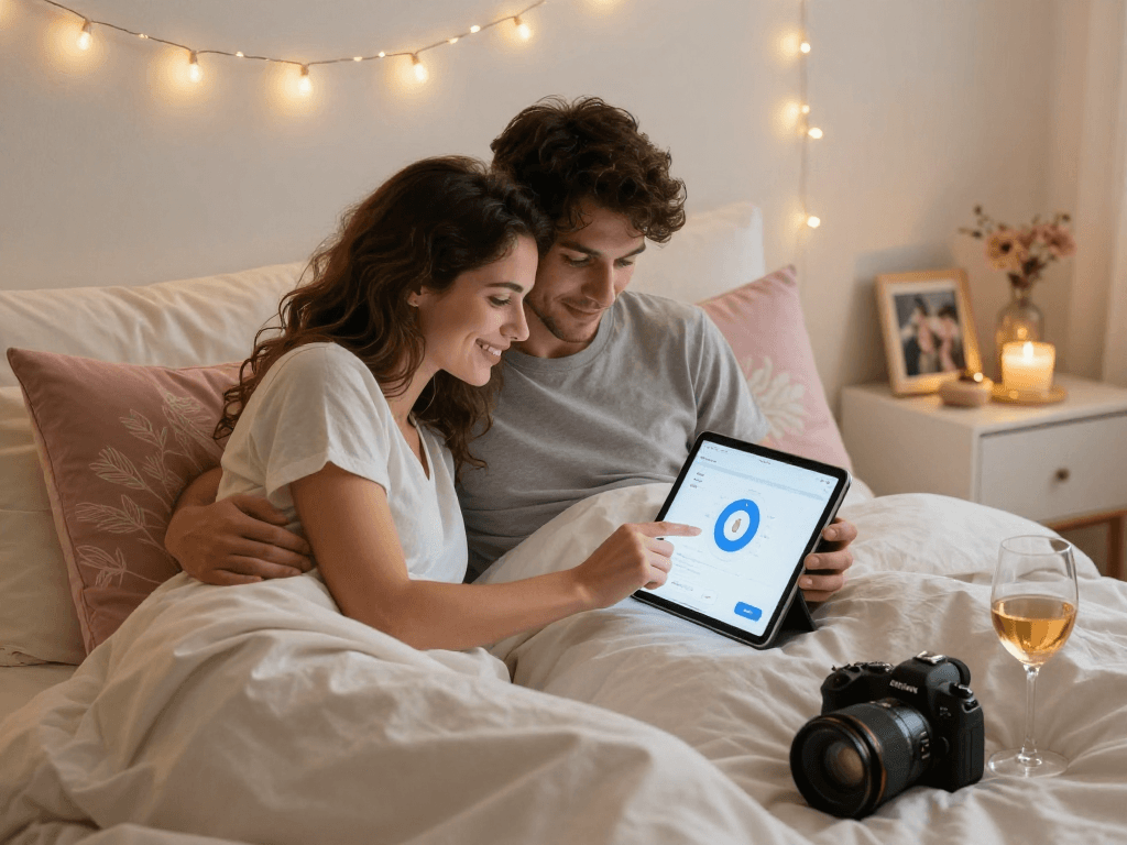 Couple using AI technology to enhance intimacy in the bedroom for ai sex exploration