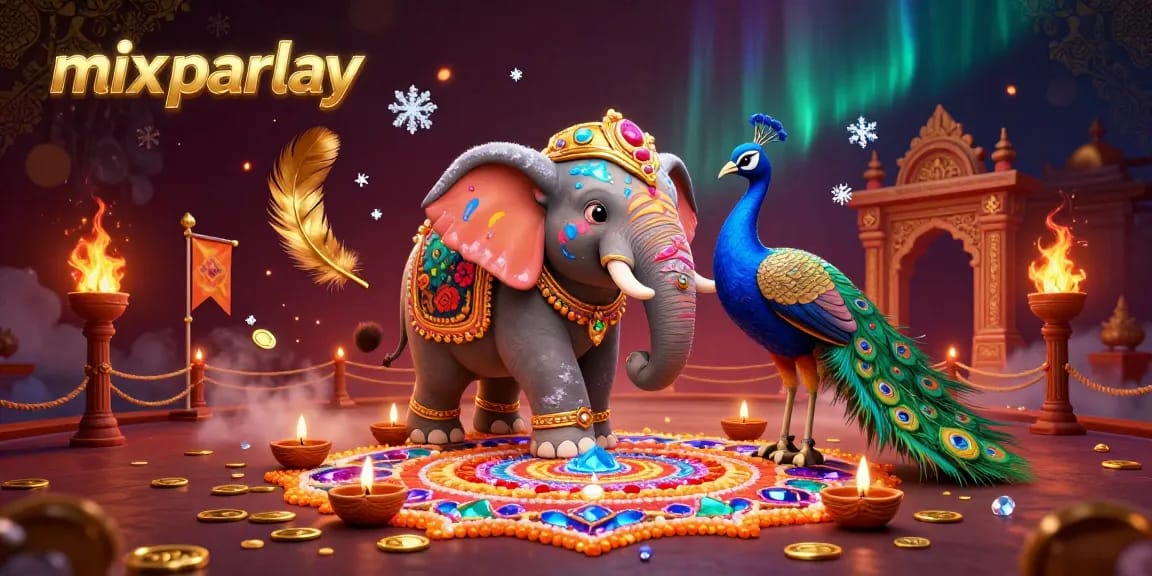 Engage with thrilling mix parlay betting in a colorful 3D illustration of a Diwali-themed elephant and peacock.