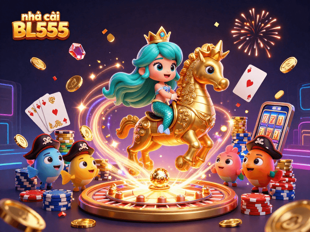 Experience the thrill of gaming at nhà cái BL555 with dazzling characters and casino elements in a vibrant scene.