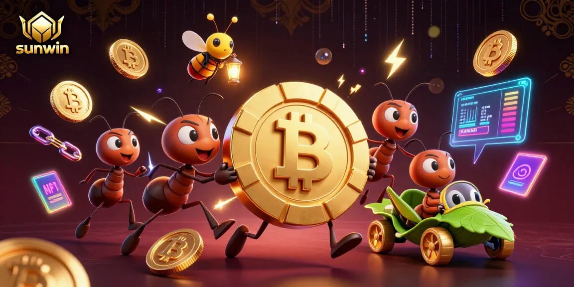 Ants executing a heist in a vibrant casino scene with sunwin poker elements.