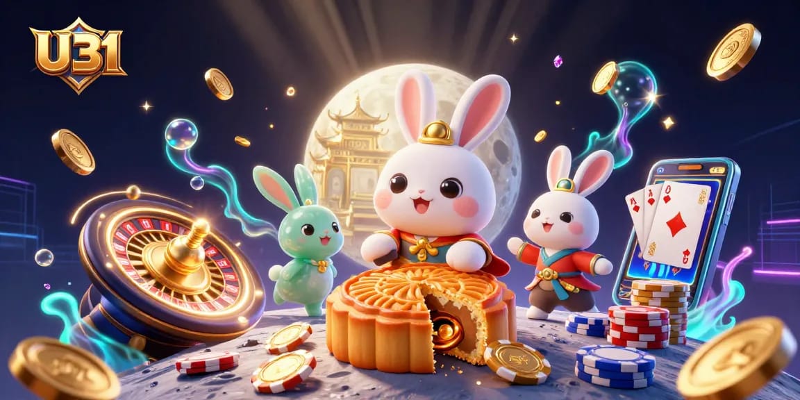 Play and win at U31 with a vibrant 3D casino illustration of casino elements and moon rabbits.