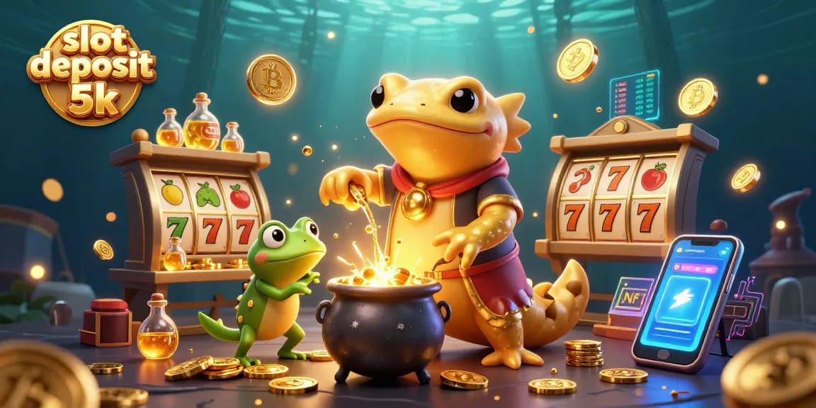 Engage with the vibrant scene showcasing slot deposit 5k amidst a golden alchemist's laboratory filled with crypto elements.