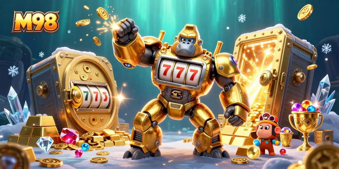 M98 launches thrilling gameplay with a golden gorilla mech bursting with coins and gems.