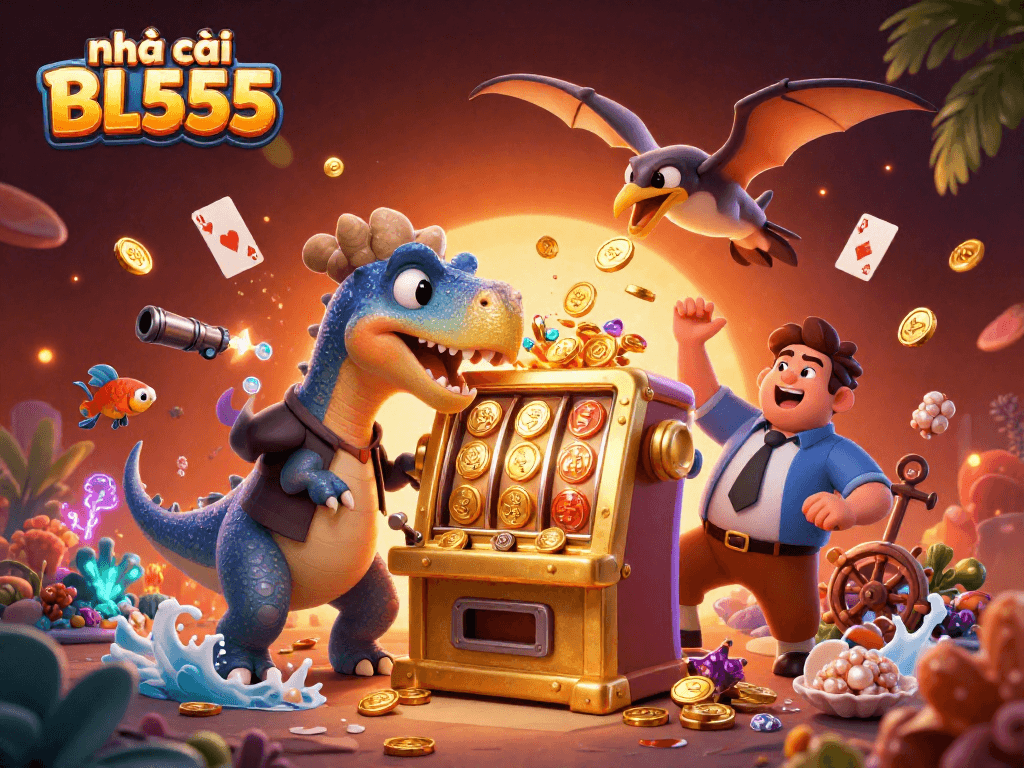 Engage with nhà cái BL555 as a pachycephalosaurus celebrates jackpot wins amid a vibrant casino scene.