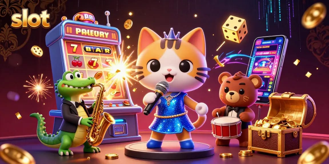 Experience exhilarating slot action as jazz-singer cat, saxophonist crocodile, and drum-playing bear celebrate jackpots.