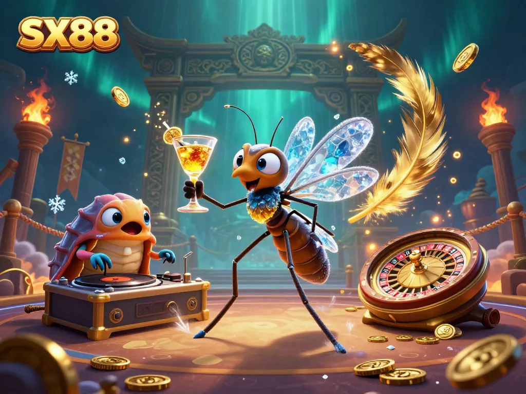 Engage with SX88's exciting atmosphere featuring dynamic casino elements and characters.