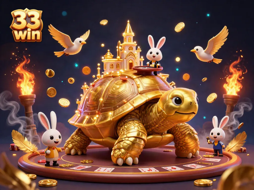 Experience thrilling gaming action at 33 win with a vibrant casino scene featuring a rabbit dealer and golden tokens.