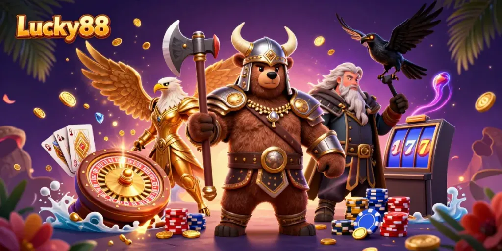 Experience thrilling gameplay with Lucky88, featuring 3D Viking characters and vibrant casino elements.