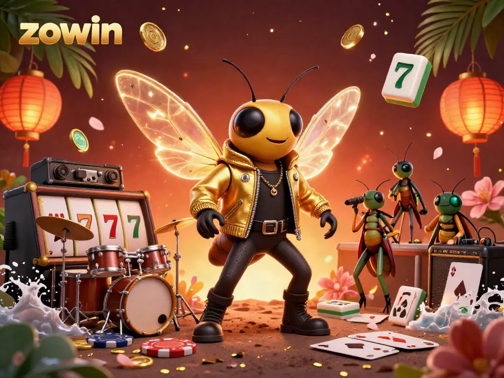 Play and win with Zowin in this vibrant casino-themed 3D illustration featuring a rock star cicada and colorful gambling elements.