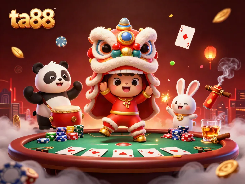 Join the exciting ta88 casino dance with poker chips, cards, and festive characters in action!