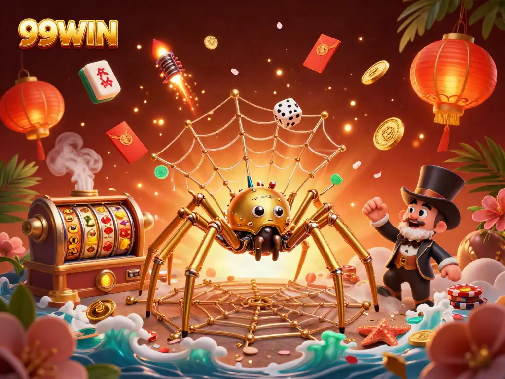 Experience the excitement of 99WIN with a dynamic steampunk spider catching dice and slot reels.