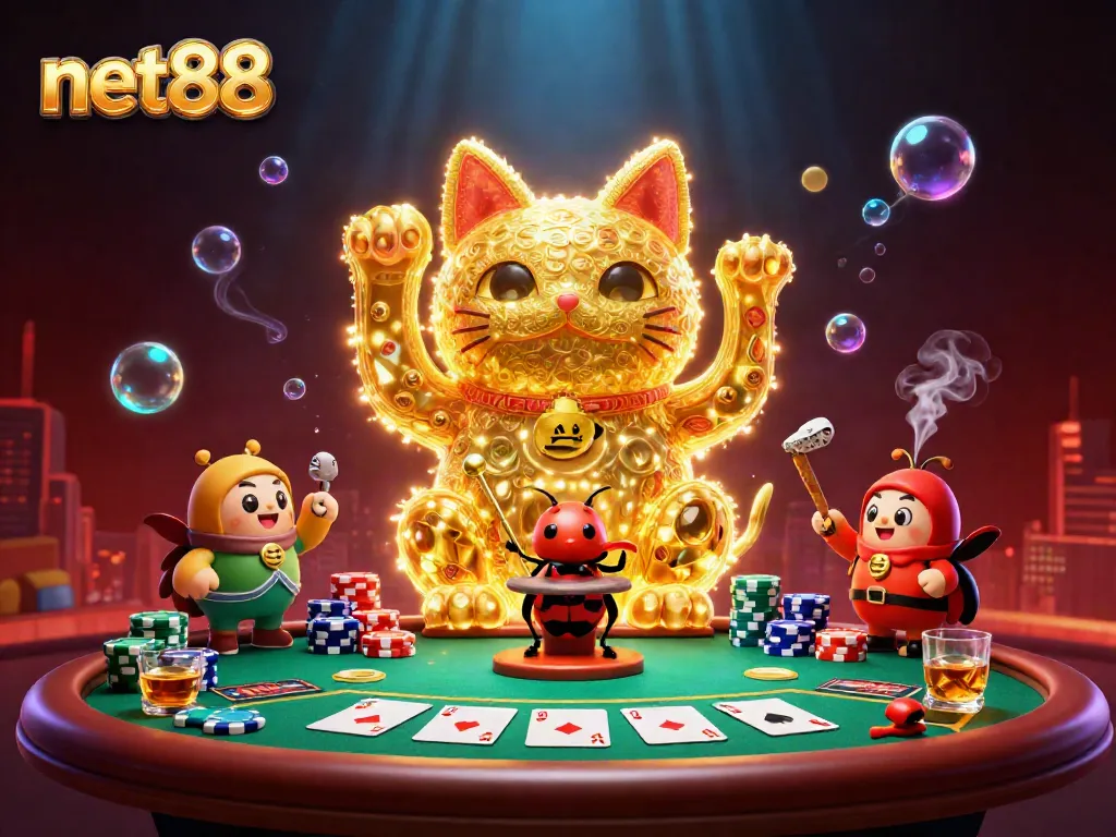 Experience net88's vibrant casino world with a lucky cat made of fireflies and poker elements.