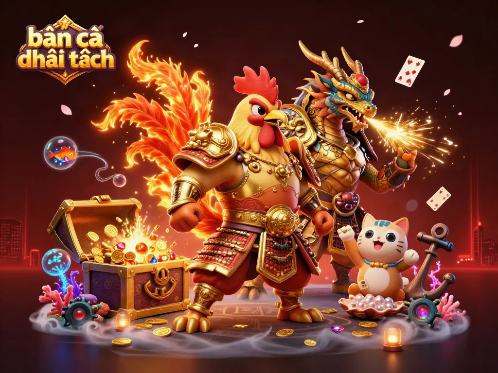 Experience immersive bắn cá đổi thưởng gameplay with a powerful rooster and dragon duo amidst treasures.