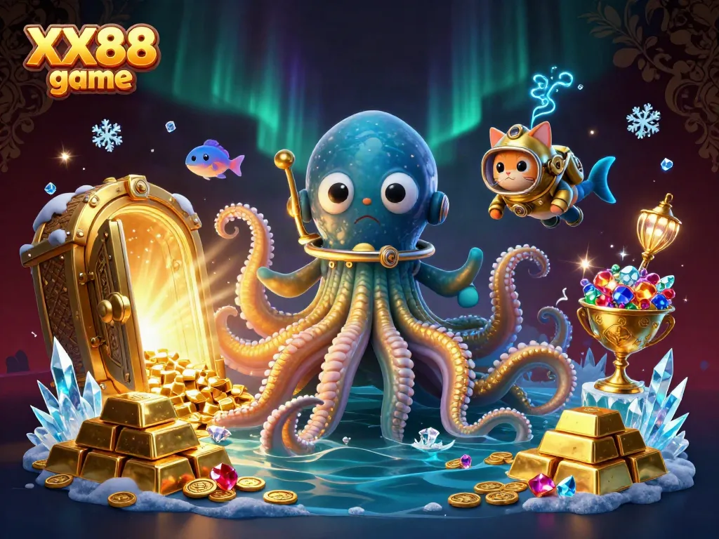 Engage in thrilling adventures with XX88 game featuring a colossal kraken, diving cat, and treasure!