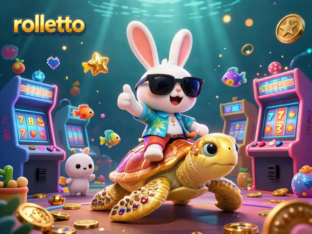 Experience rolletto’s vibrant casino adventure with a lucky rabbit and golden sea turtle amidst colorful game elements.