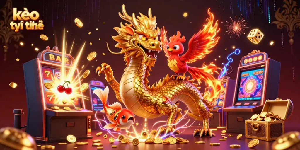 Experience kèo trực tuyến with a vibrant casino fantasy scene featuring a dragon, phoenix, and more!