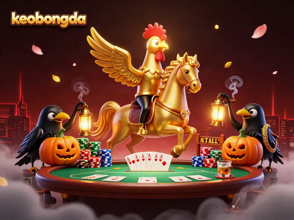 Experience thrilling moments at keobongda's casino with a golden rooster and its companions amid poker action.