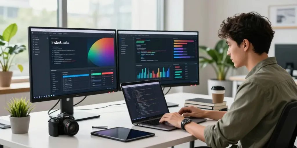 Web developer coding with instant indexing metrics visible in a modern co-working space.