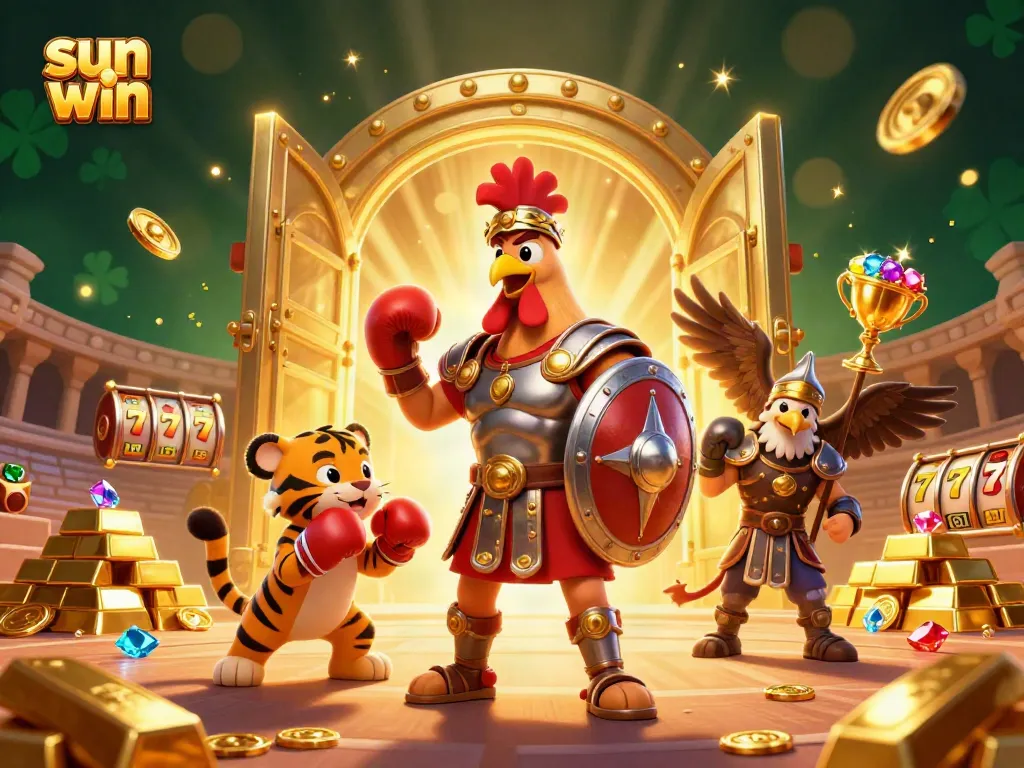 Win big with sun win as a gladiator rooster and friends celebrate in a vibrant casino!