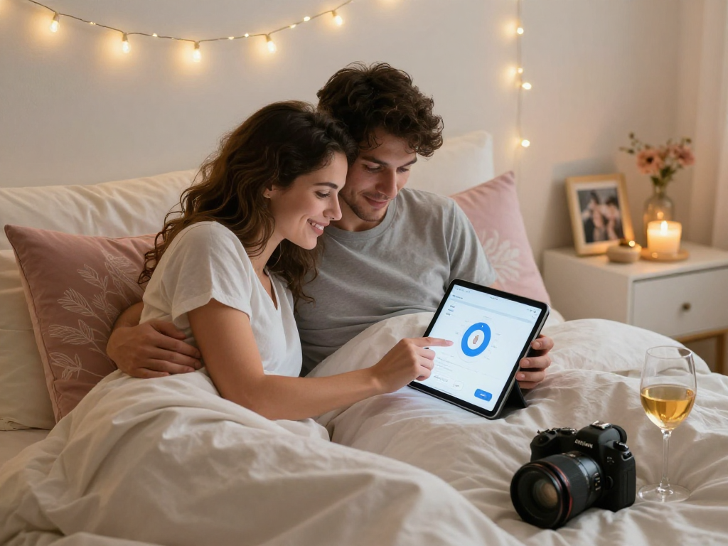 Couple using AI technology to enhance intimacy in the bedroom for ai sex exploration