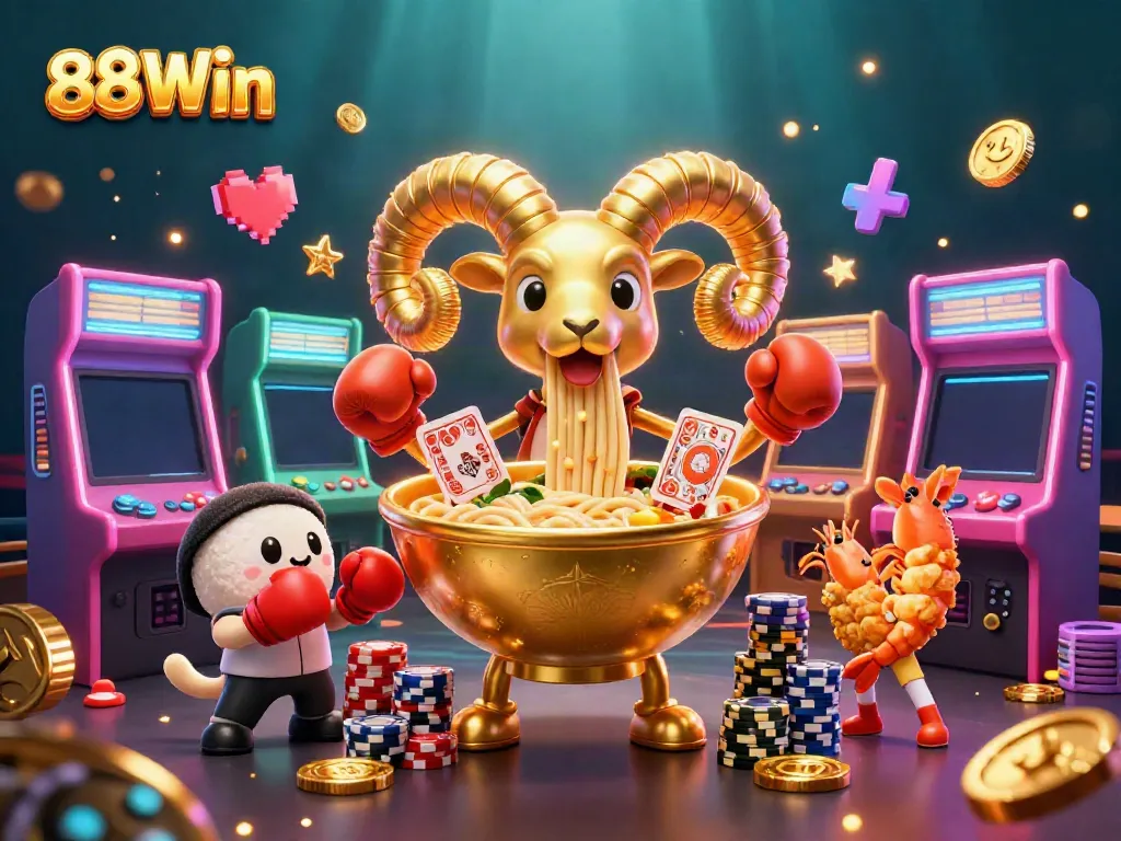 Engage in thrilling games at 88Win with an ultra-detailed 3D illustration featuring vibrant casino elements and lively characters.
