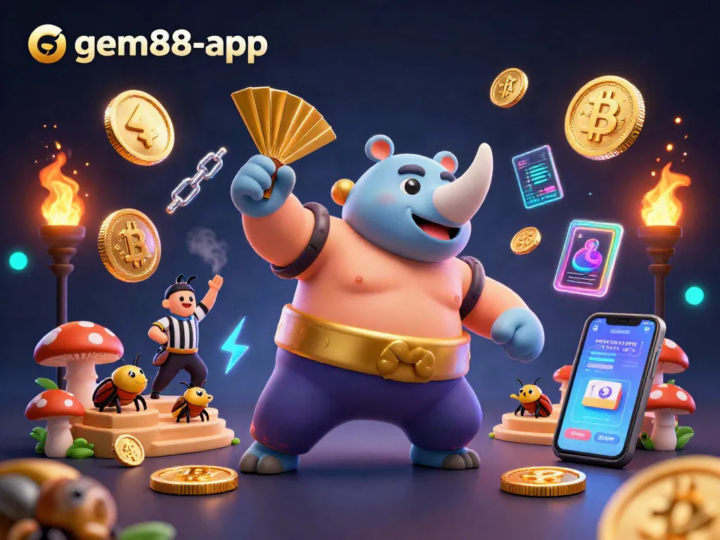 Win big with gem88-app in a vibrant and dynamic 3D casino scene featuring sumo beetles and crypto elements.