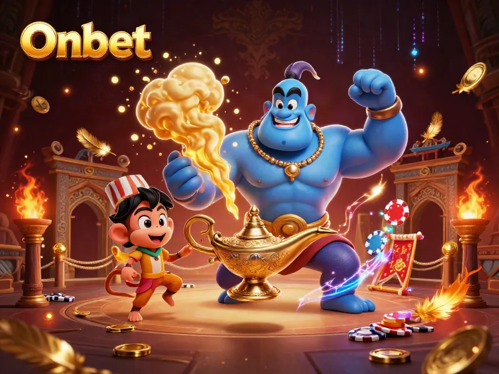 Experience Onbet's thrilling gaming scene with a mighty genie, a playful monkey, and vibrant casino elements.