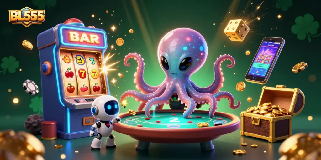 Experience the excitement of BL555 with a vibrant alien-themed casino scene featuring poker and treasures.