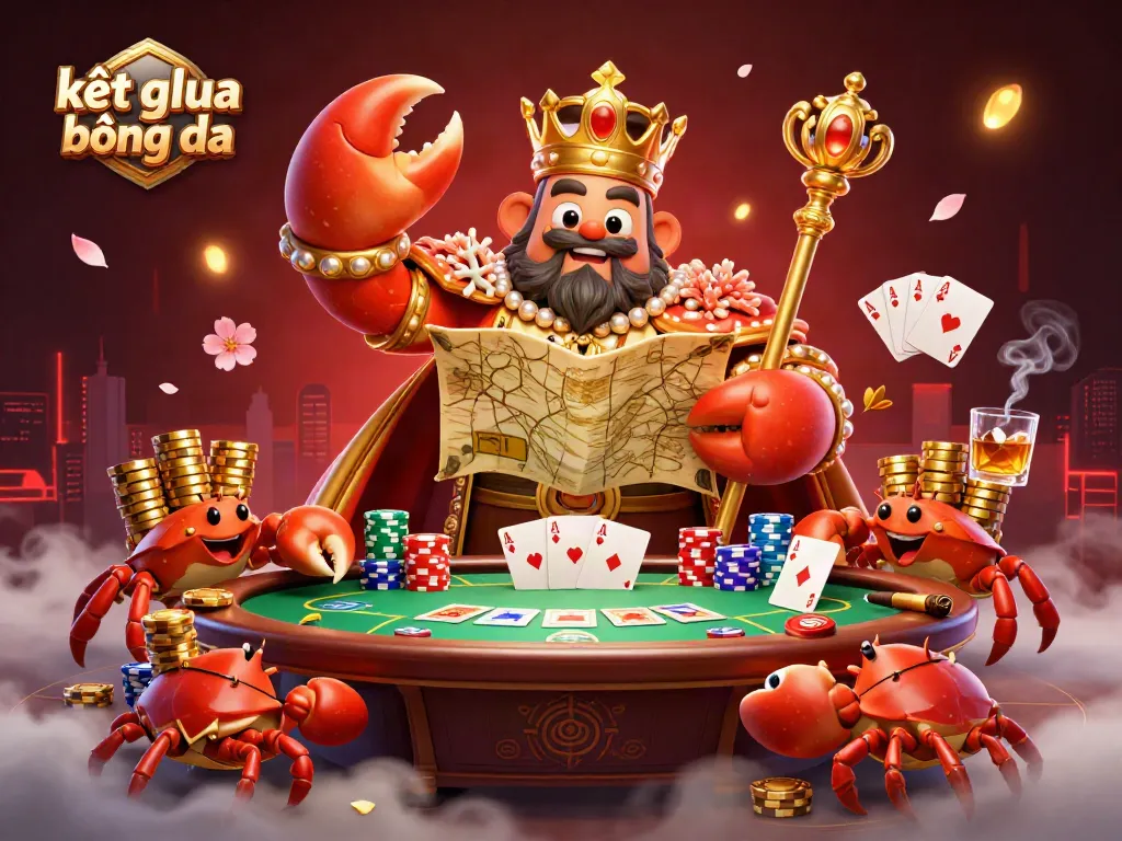 Track kết quả bóng đá live with vibrant golden crab emperor and poker elements in 3D.