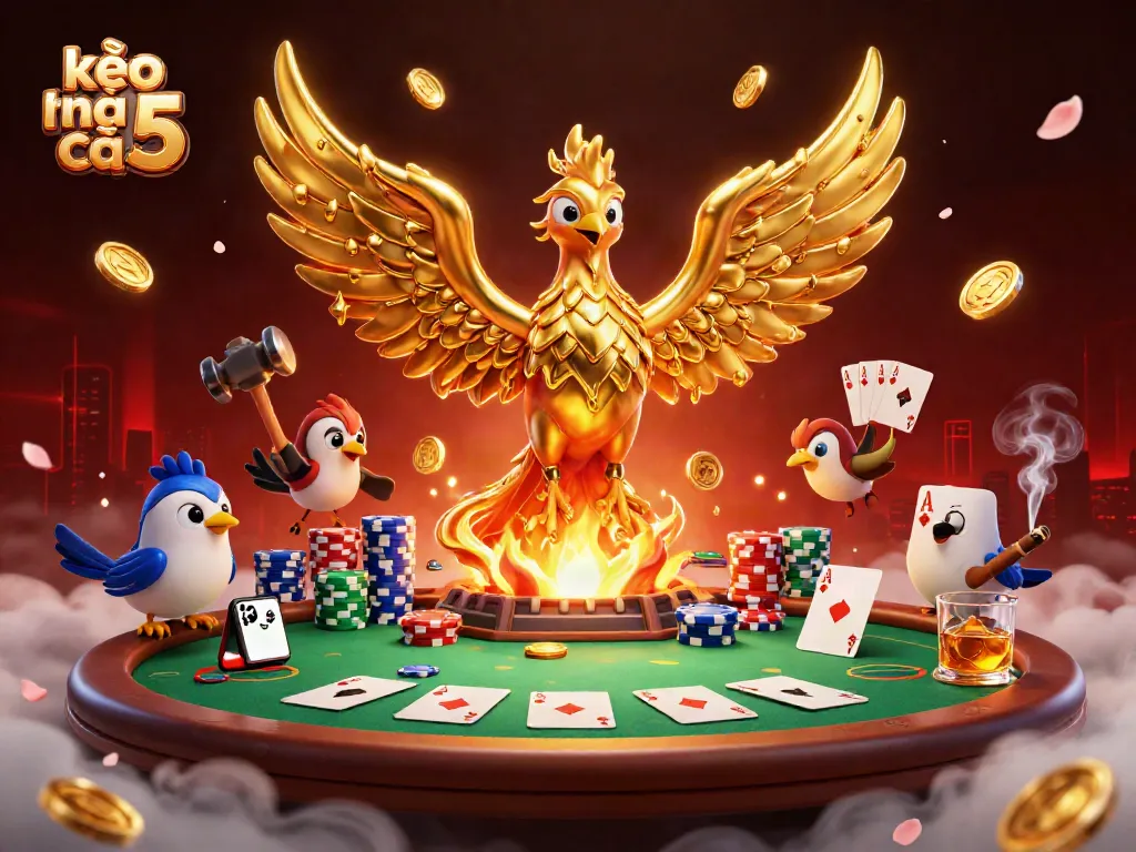 Experience exciting betting with kèo nhà cái 5 at a vibrant poker scene with a golden phoenix and animated elements.