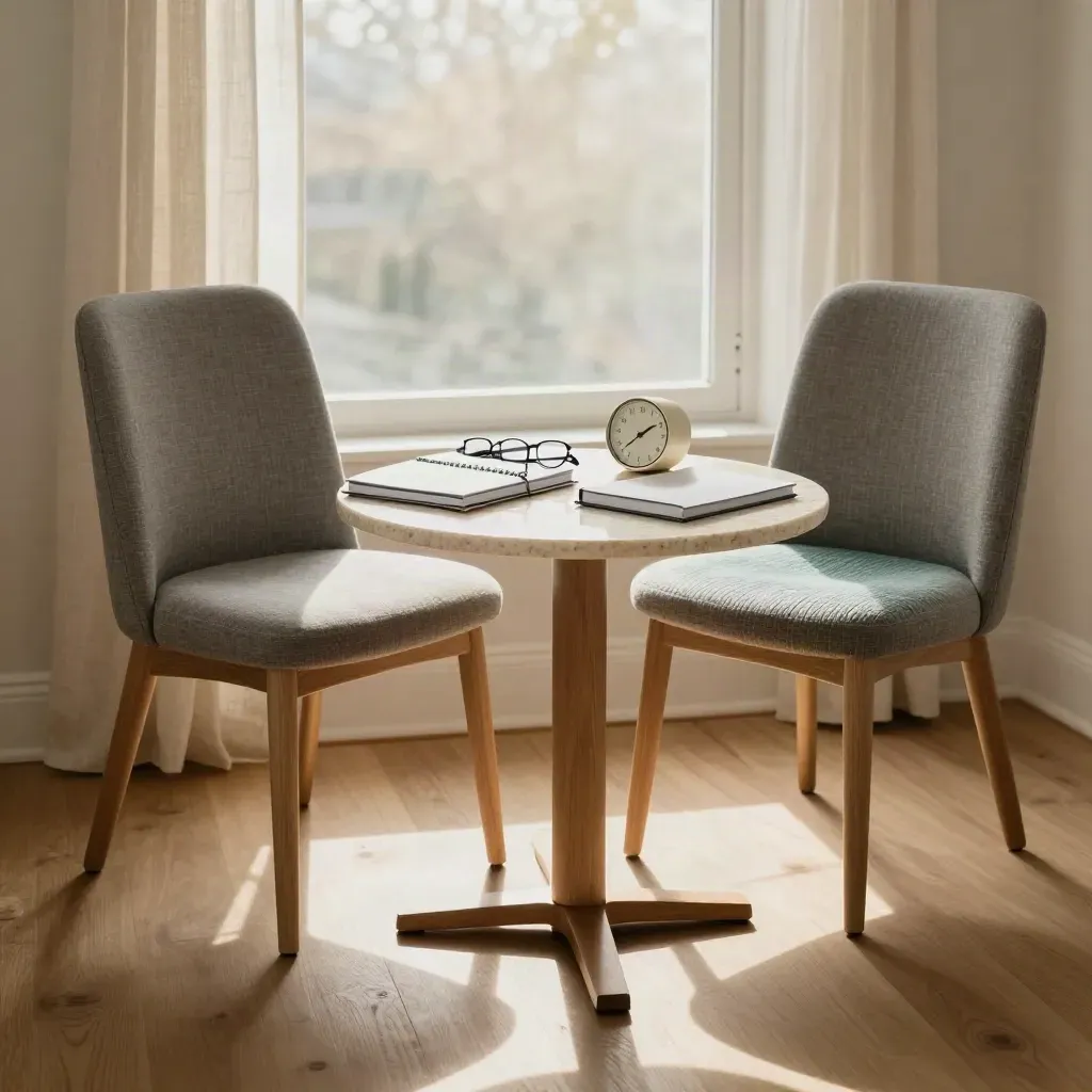 Sunlit retirement planning corner with two chairs, notebooks, glasses and a small clock.