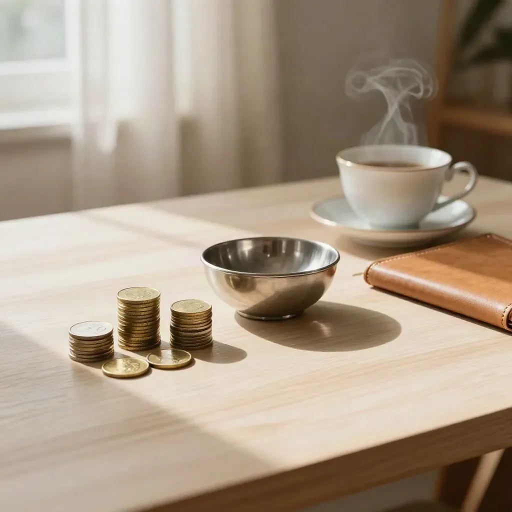 Sunlit cash-plan table with coins, leather ledger, teacup and metal bowl