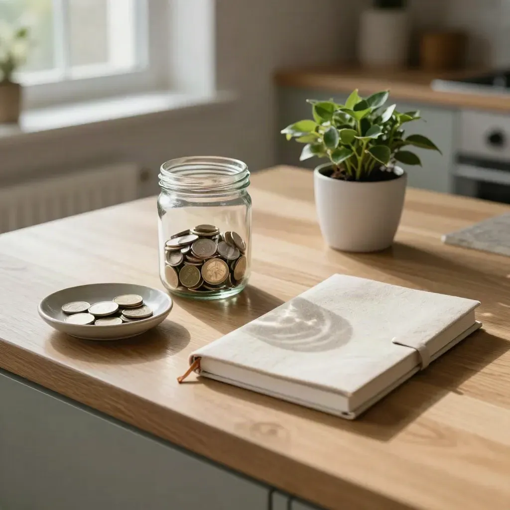 Top-down kitchen island still life with coin jar, savings notebook, dish and plant in soft morning light.