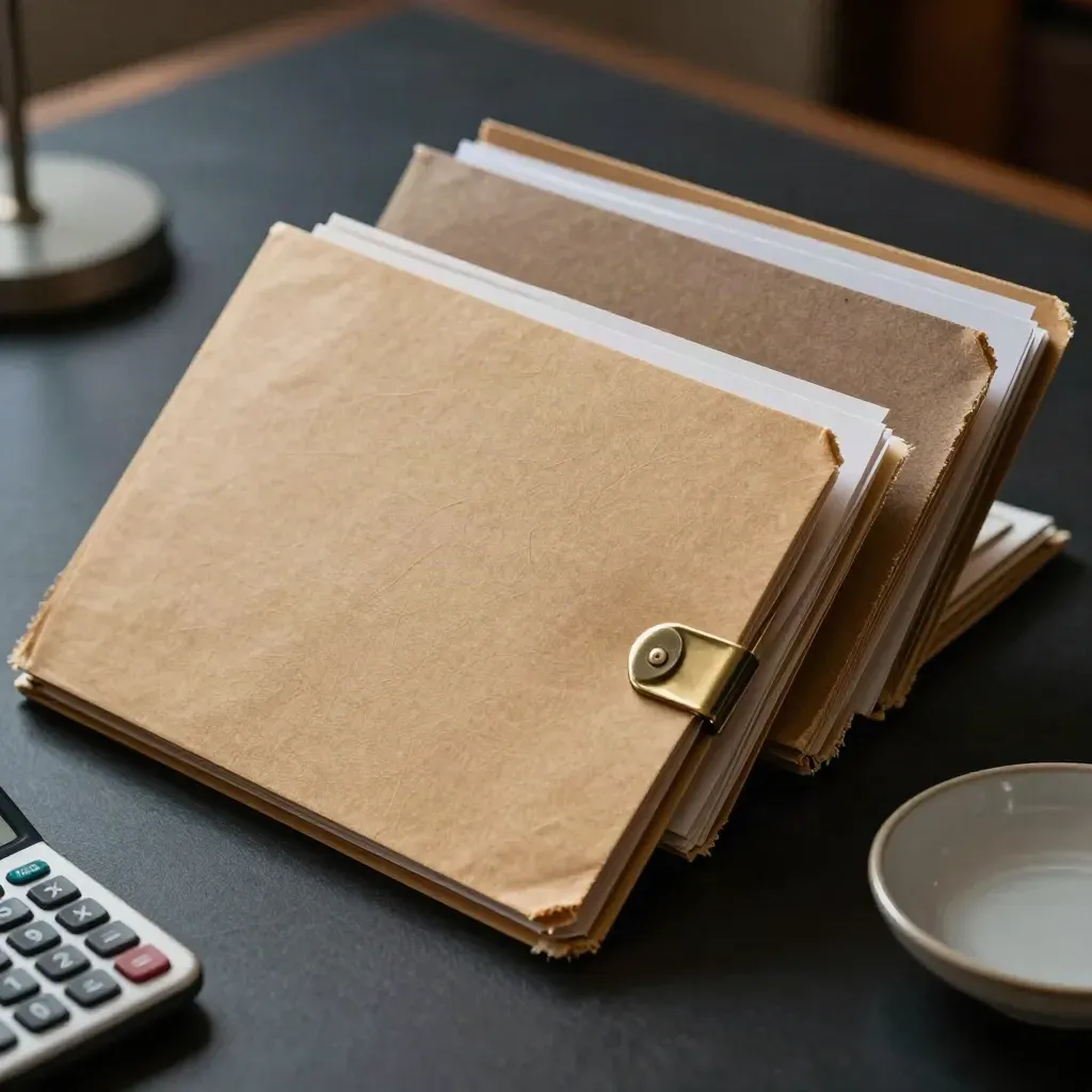 Old pension folders nudged into line beside a calculator and brass clip on a dark desk