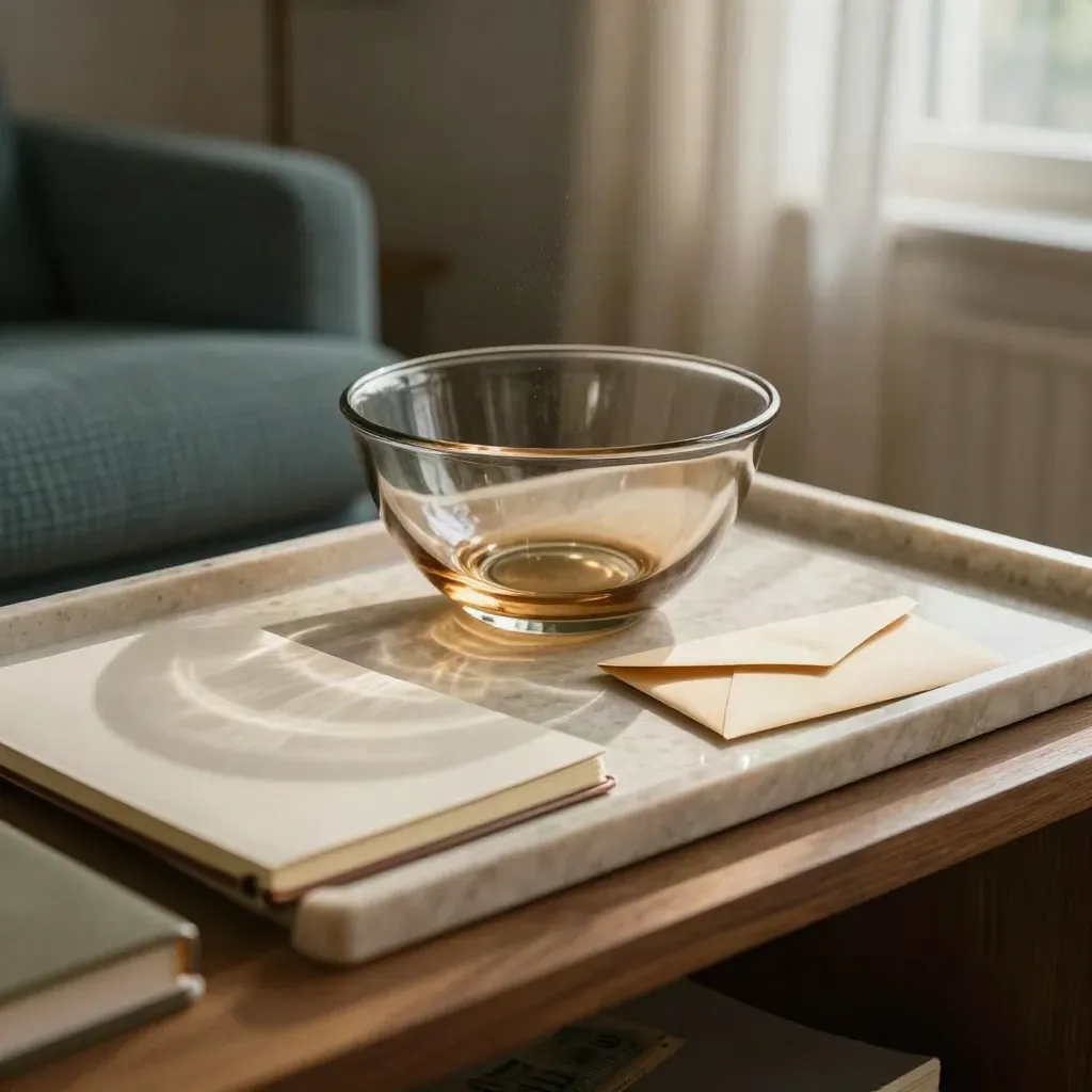 Savings bowl, notebooks, cash envelope and tray on a console in warm window light.