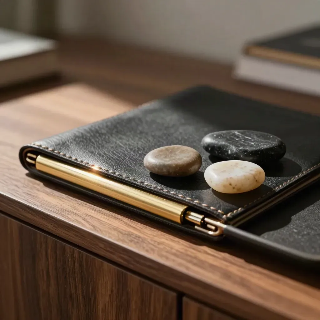 Closed investment folder, weighted stones and brass clip on a dark tray in dramatic morning light