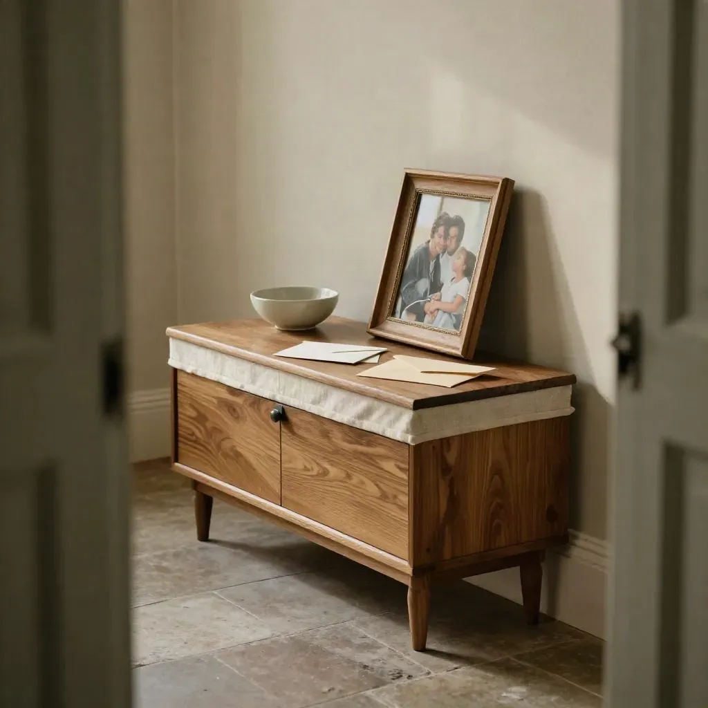 Hallway sideboard with keepsake box, key bowl, envelopes and turned family frame in warm afternoon light.