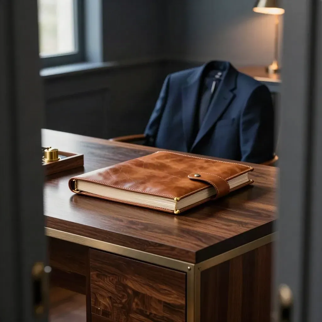 Home-office desk with leather ledger, brass paperweight and navy jacket in soft evening light.