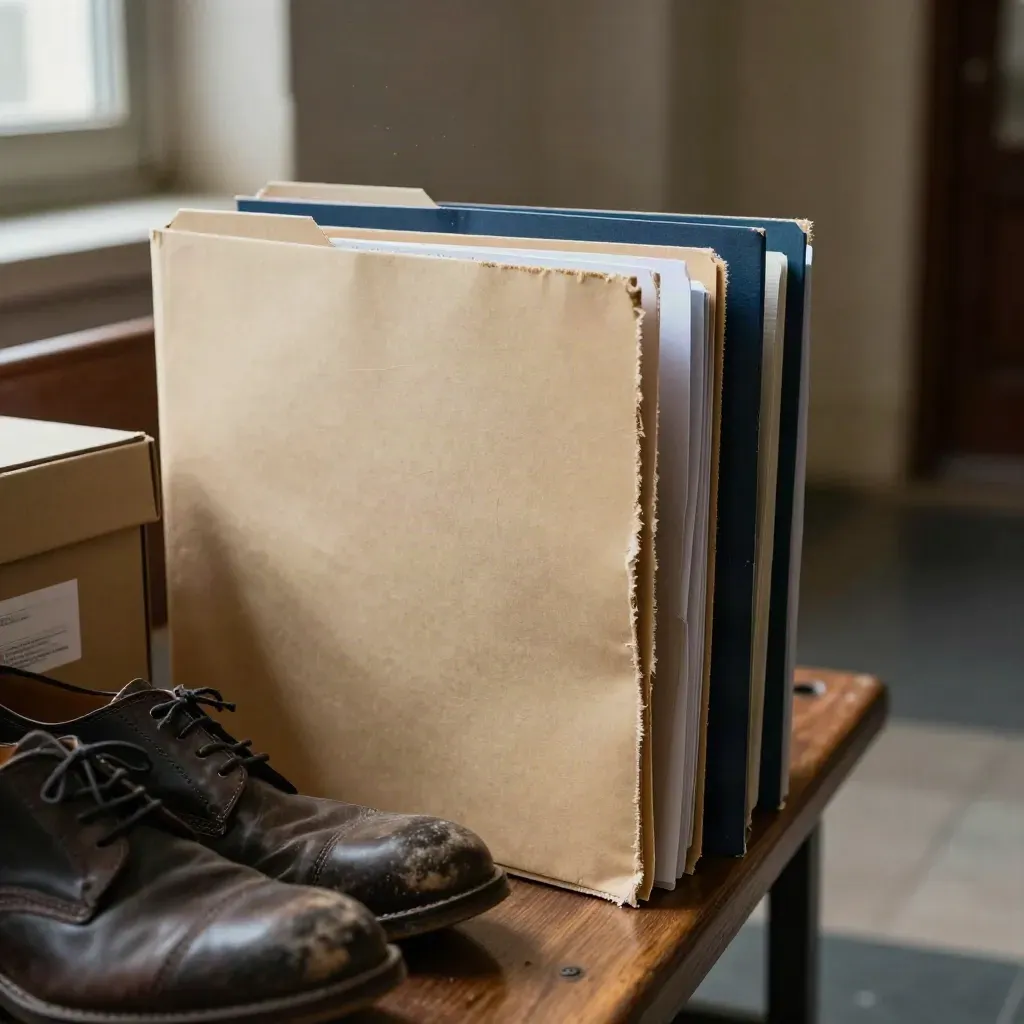 Pension folders and archive box on a hallway bench beside shoes in soft window light.