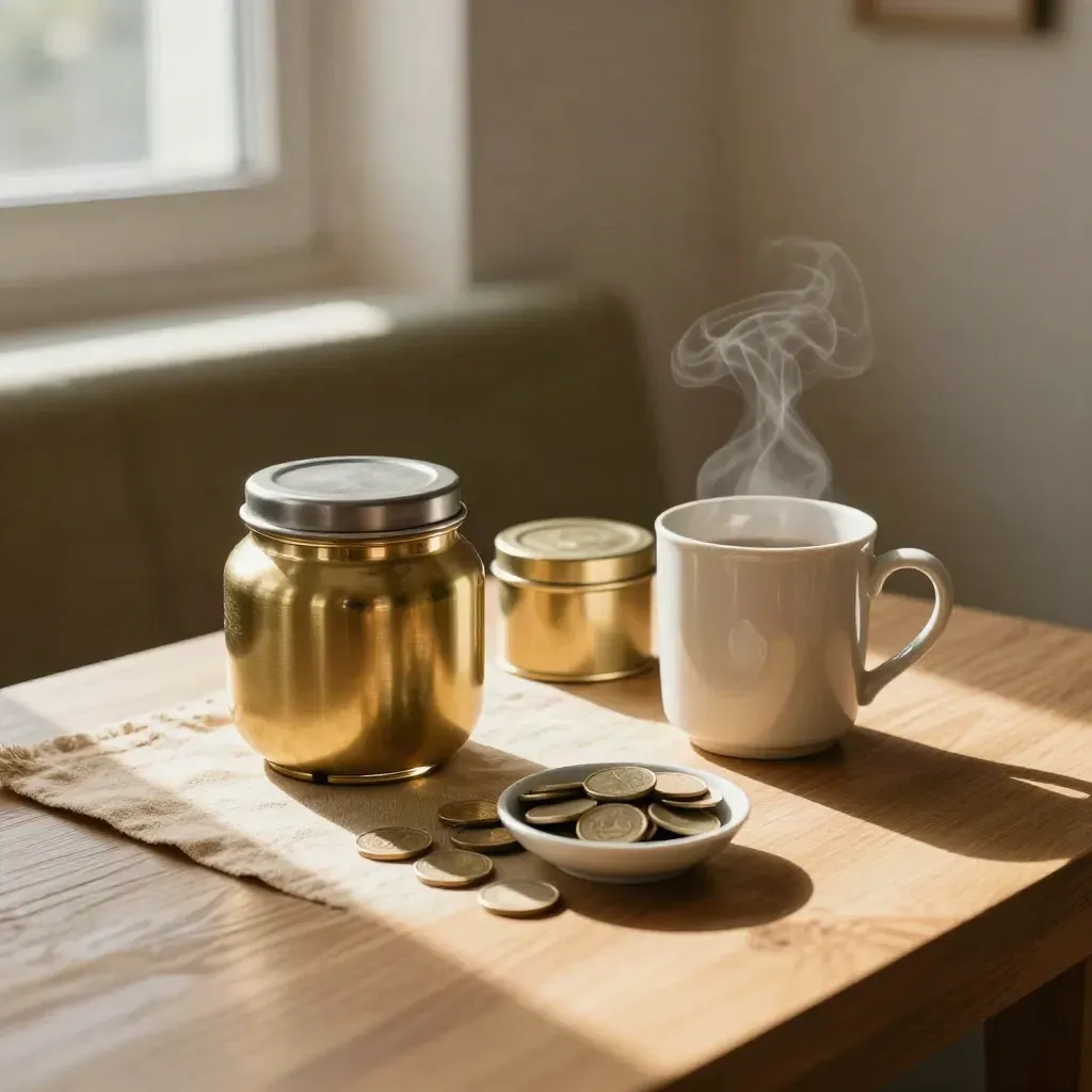 Top-down breakfast nook with cash jar, savings tin, mug and coins in warm morning light