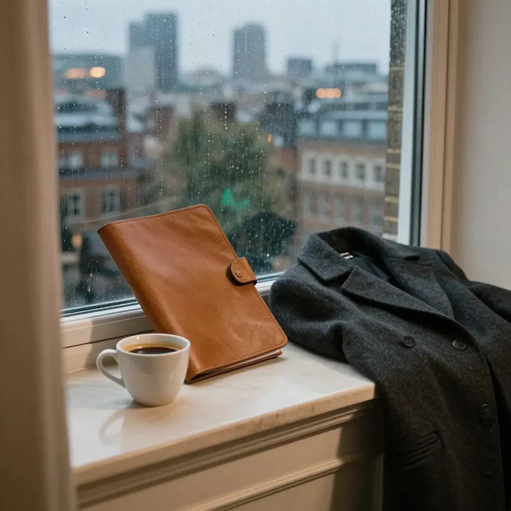 Rainy London window ledge with leather folio, coffee cup and folded coat at dusk.