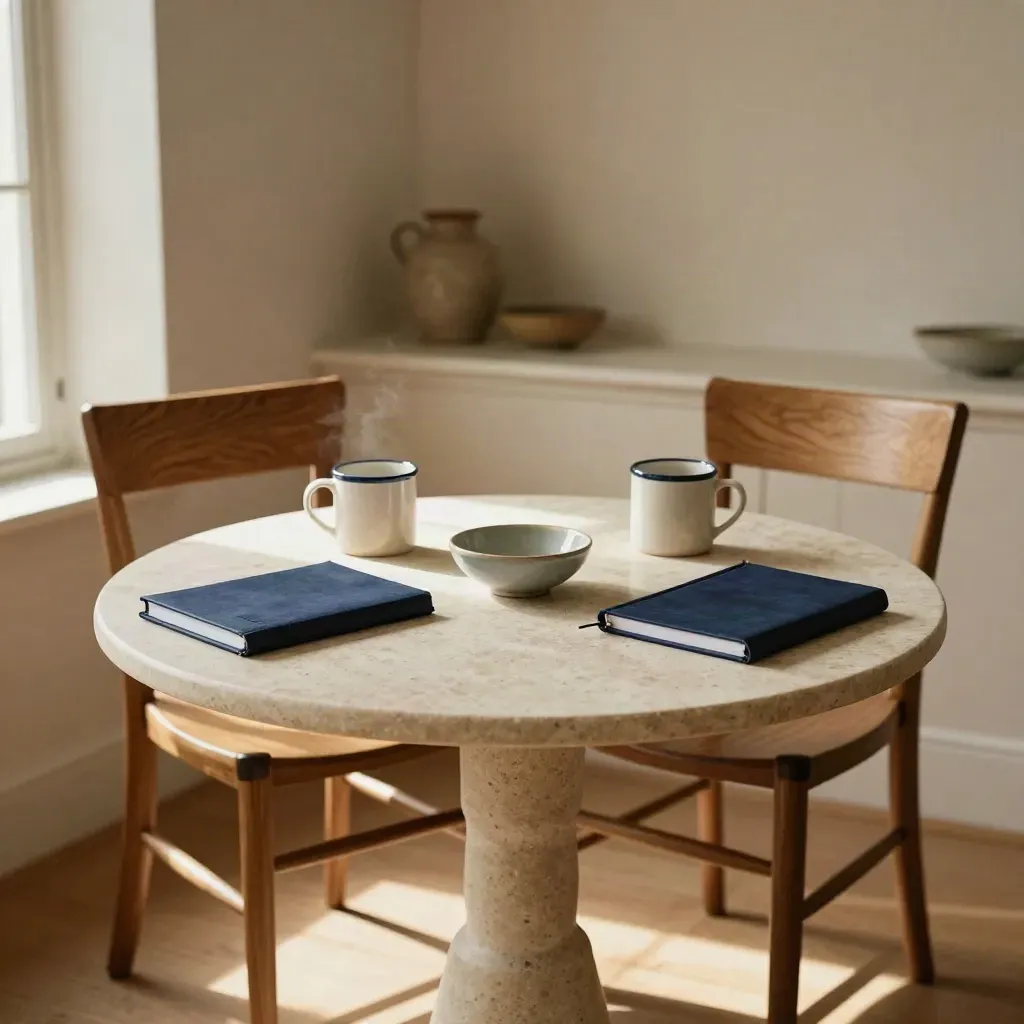 Two chairs at a round table with mugs and notebooks in warm morning light.