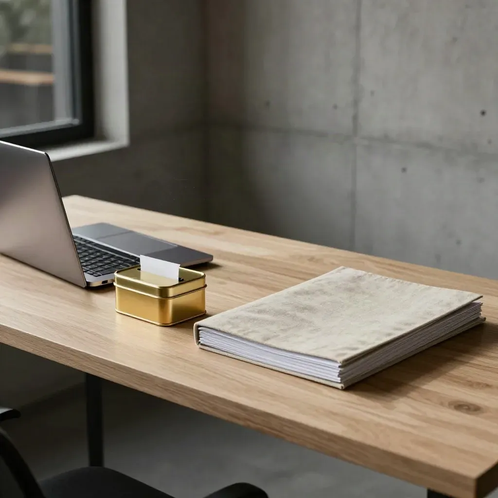 Tidy small-business office desk with laptop, pension tin, receipt box and folders by a window.