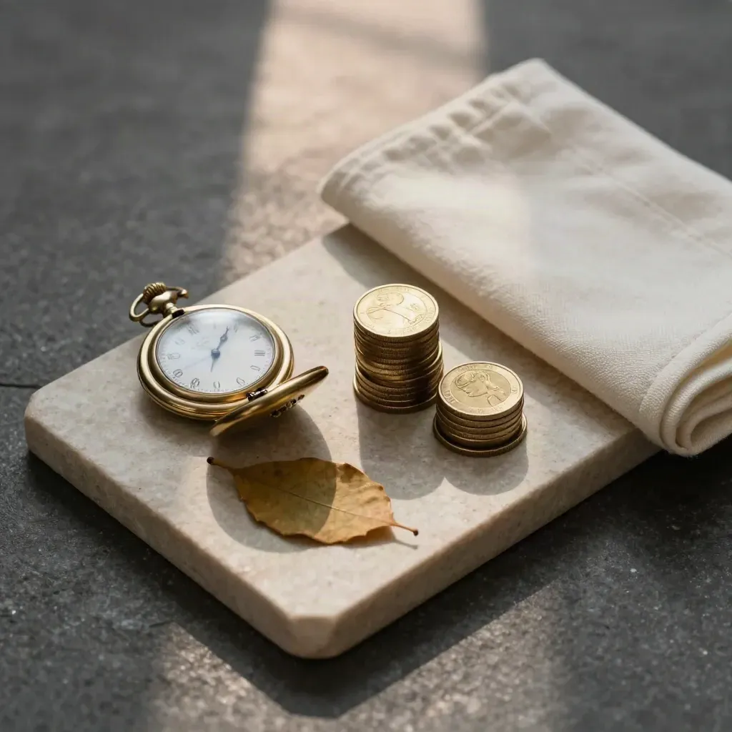 Overhead brass income token, pocket watch, coin stacks, cloth and leaf on stone tray