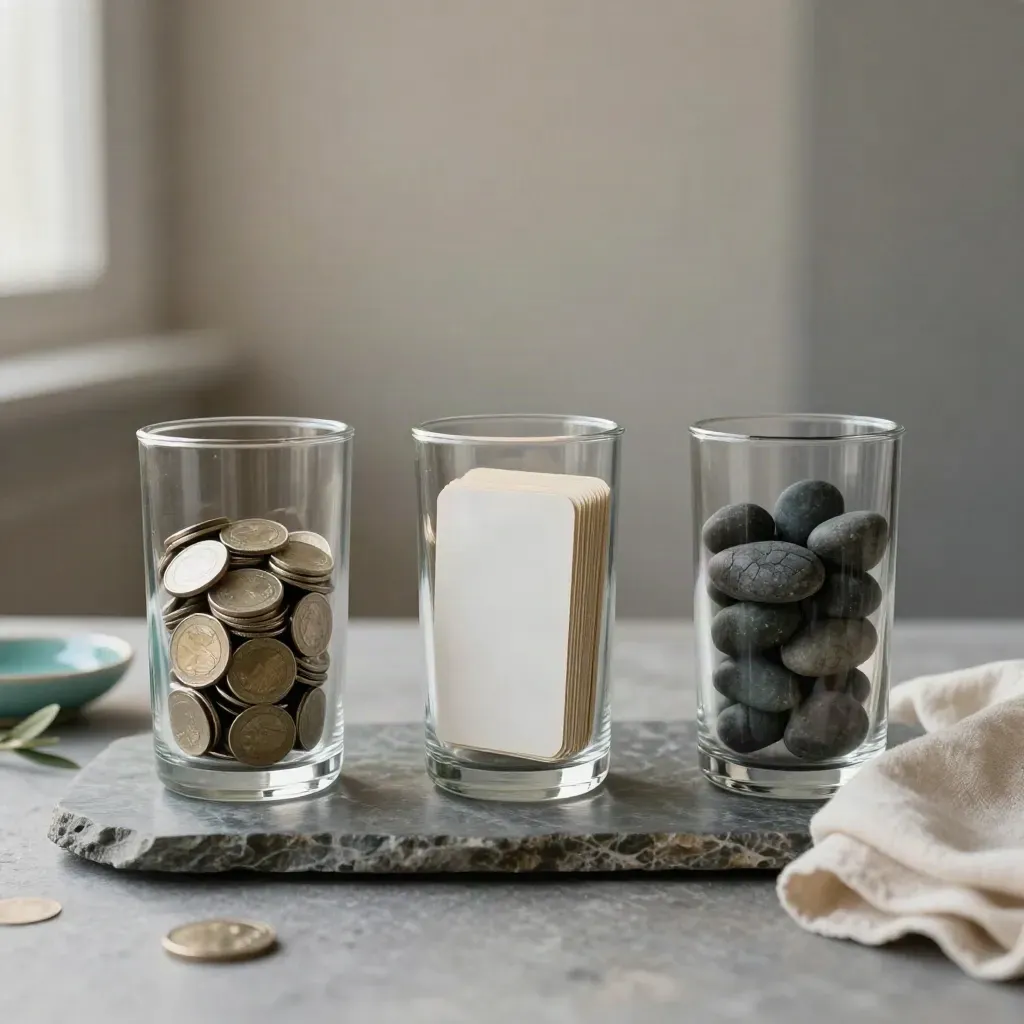 Three glass vessels of coins, pale cards and dark pebbles on brushed stone with soft teal accents.