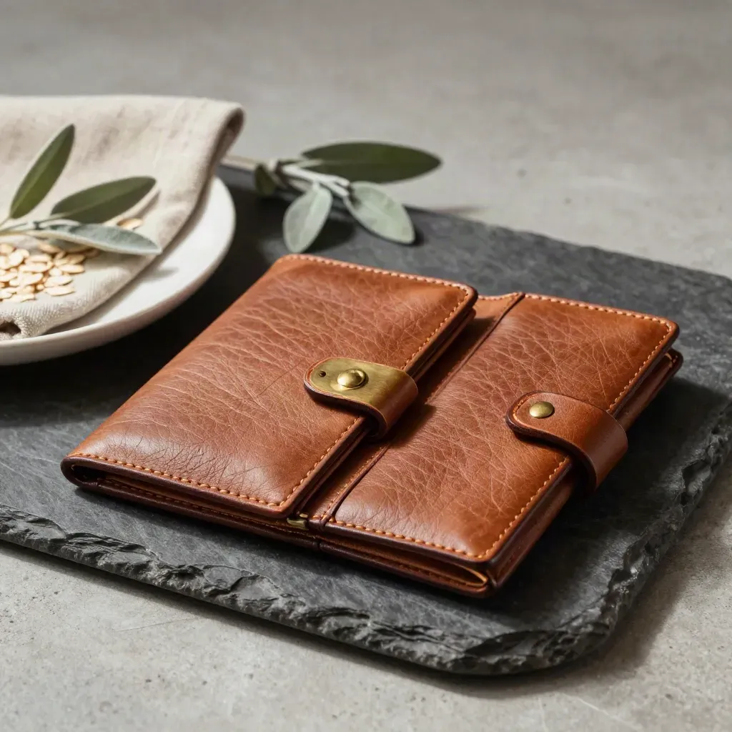 Leather pension wallets clipped together on a stone tray with dish, cloth and sprig.