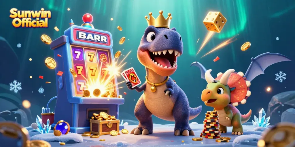 Experience the thrilling atmosphere of Sunwin Official with a fun 3D casino scene featuring dynamic characters and exciting game elements.