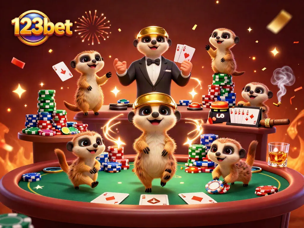 Experience excitement at 123bet casino with meerkats amidst colorful poker chips and festive confetti.