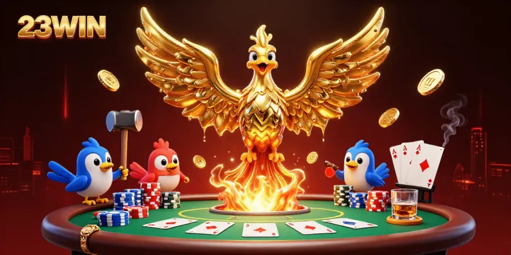 Experience the exhilarating fun of 23WIN with a vibrant casino scene featuring a golden phoenix and poker elements.